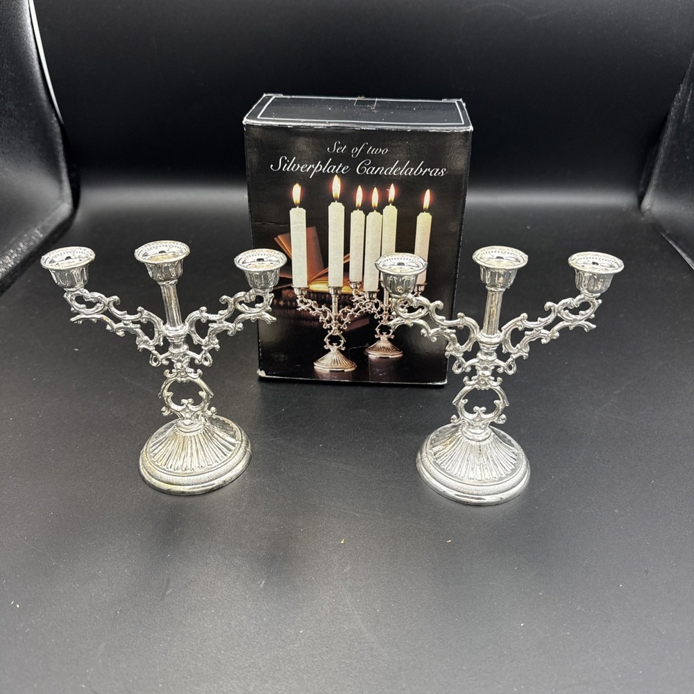 Vintage Silverplate Candelabras Set of 2- Candle Holders with Box 3-stem